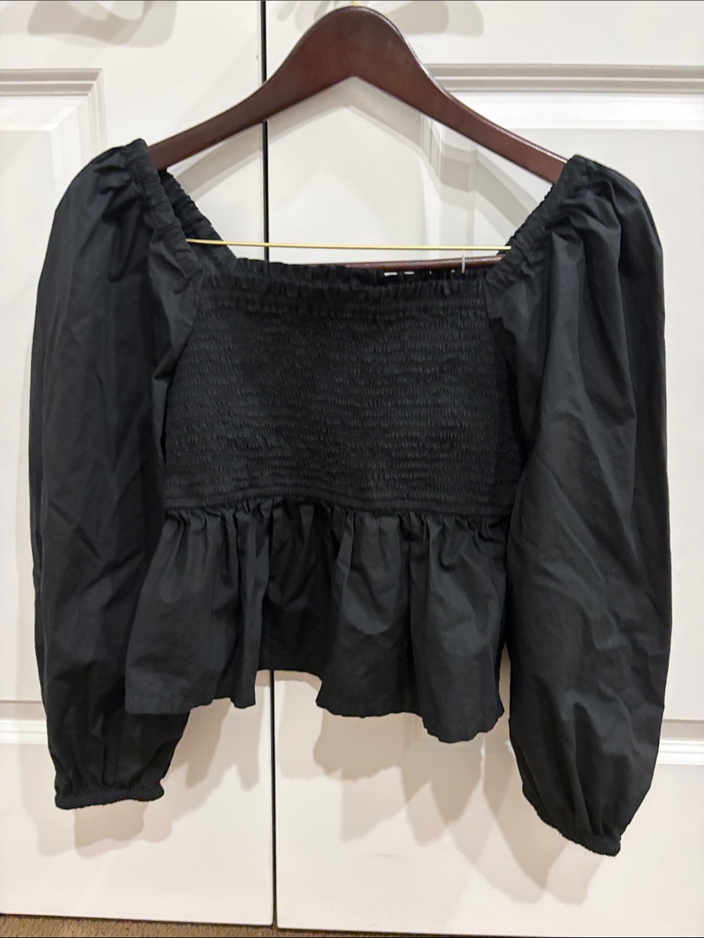J. Crew Black Smocked Peplum Puff Sleeve Top